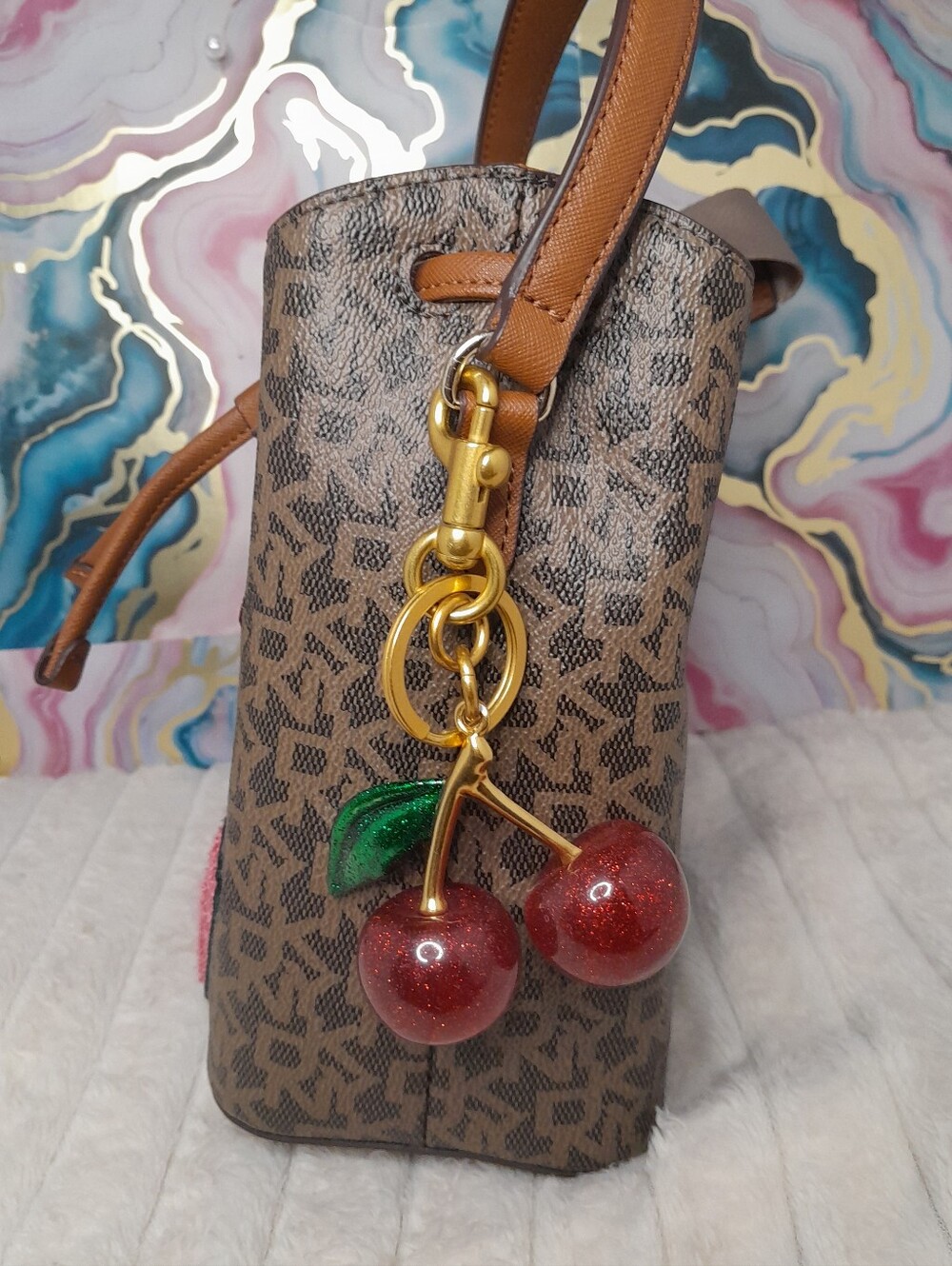 Gold Cherry Keychain Bag Charm with Red Glitter Cherries - Picture 4 of 5